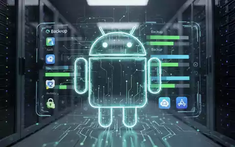 Stilisierte Android-Roboter-Ikone mit digitalen Backup-Fortschrittsbalken und App-Symbolen, die neue Backup-Funktionen symbolisieren. - Foto: über boerse-global.de