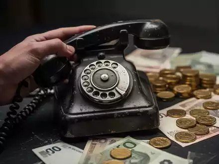 Eine Hand hält ein altes Wähltelefon, im unscharfen Hintergrund liegen deutsche Banknoten und Goldmünzen auf einem dunklen Tisch. - Foto: über boerse-global.de