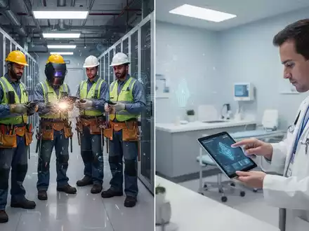 Fachkräfte in einem Rechenzentrum und eine medizinische Fachkraft mit KI auf einem Tablet, die die Rolle der KI in beiden Branchen symbolisieren. - Foto: über boerse-global.de