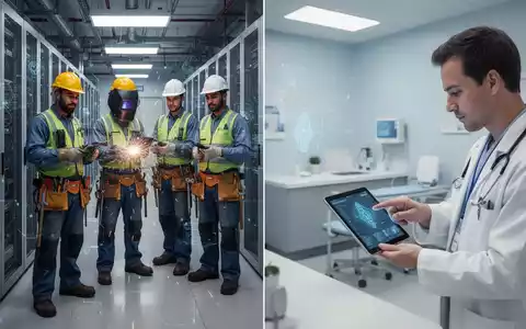 Fachkräfte in einem Rechenzentrum und eine medizinische Fachkraft mit KI auf einem Tablet, die die Rolle der KI in beiden Branchen symbolisieren. - Foto: über boerse-global.de