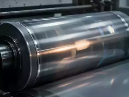 Nahaufnahme einer Druckmaschinenwalze mit Lichtreflexionen, die Industrie und Verhandlungen symbolisiert. - Foto: über boerse-global.de
