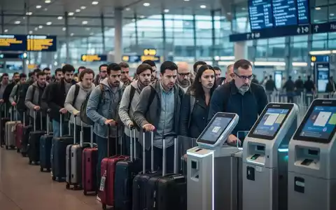 Lange Schlange verschiedener Reisender an der Passkontrolle mit biometrischen Scannern, die Flughafenverzögerungen darstellt. - Foto: über boerse-global.de