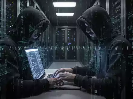 Verschattete Gestalt im Hoodie tippt intensiv auf Laptop in dunklem Serverraum, mit Datenströmen und Binärcode überlagert. - Foto: über boerse-global.de