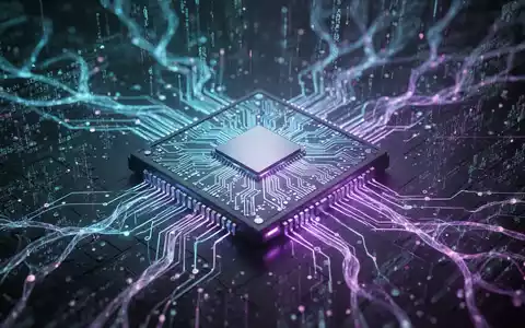 Futuristischer KI-Chip mit blau-violetten Leuchteffekten, umgeben von digitalen Datenströmen, Symbol für fortschrittliche künstliche Intelligenz. - Foto: über boerse-global.de