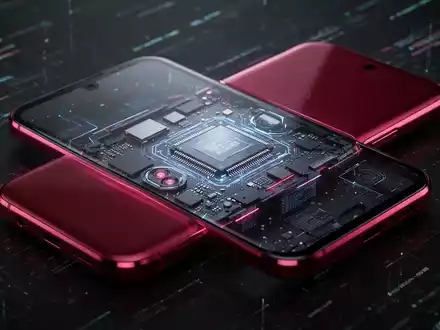 Nahaufnahme eines kirschroten Smartphones mit teils transparentem Display, das interne Komponenten wie einen Mikrochip zeigt. - Foto: über boerse-global.de