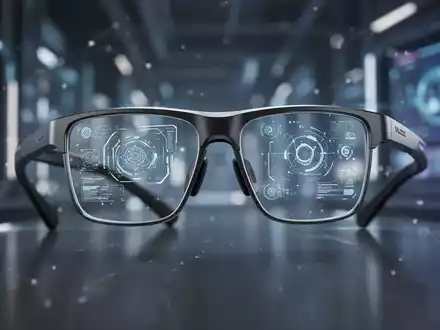 Nahaufnahme einer eleganten, modernen Smart-Brille mit dezentem AR-Display auf den Gläsern, vor verschwommenem Tech-Hintergrund. - Foto: über boerse-global.de