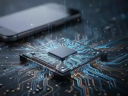 Nahaufnahme eines Mikrochips mit komplexen Schaltkreisen in Blau und Gold, im Hintergrund ein unscharfes Smartphone. - Foto: über boerse-global.de