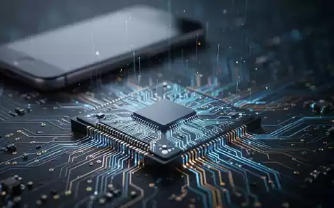 Nahaufnahme eines Mikrochips mit komplexen Schaltkreisen in Blau und Gold, im Hintergrund ein unscharfes Smartphone. - Foto: über boerse-global.de