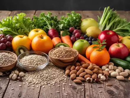 Eine Nahaufnahme einer bunten Auswahl an frischem Obst, Gemüse, Vollkornprodukten und Nüssen auf einem Holztisch. - Foto: über boerse-global.de