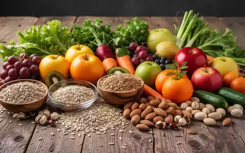 Eine Nahaufnahme einer bunten Auswahl an frischem Obst, Gemüse, Vollkornprodukten und Nüssen auf einem Holztisch. - Foto: über boerse-global.de