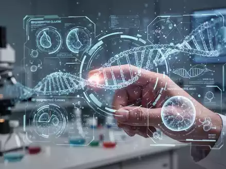 Eine Hand interagiert mit einem holografischen Display, das wissenschaftliche Daten und DNA-Stränge zur Langlebigkeitsforschung zeigt. - Foto: über boerse-global.de
