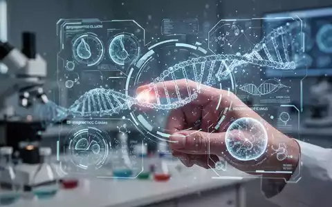 Eine Hand interagiert mit einem holografischen Display, das wissenschaftliche Daten und DNA-Stränge zur Langlebigkeitsforschung zeigt. - Foto: über boerse-global.de