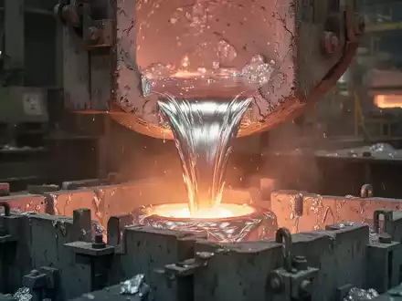 Geschmolzenes Aluminium wird in einer modernen Schmelzanlage in eine Form gegossen, umgeben von Industrieanlagen. - Foto: über boerse-global.de