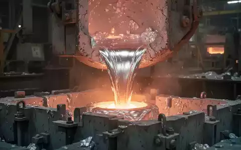 Geschmolzenes Aluminium wird in einer modernen Schmelzanlage in eine Form gegossen, umgeben von Industrieanlagen. - Foto: über boerse-global.de