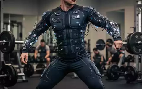 Eine Person in einem EMS-Anzug mit Elektroden, die sich dynamisch bewegt. Im Hintergrund verschwommen ein traditionelles Fitnessstudio. - Foto: über boerse-global.de