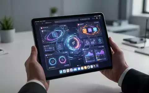 Hände halten ein iPad mit Multitasking-Funktionen, mehreren App-Fenstern und einer Desktop-Menüleiste. - Foto: über boerse-global.de