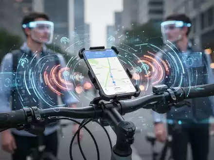 Ein E-Bike-Lenker mit Smartphone-Navigation und holografischen V2X-Kommunikationssignalen. Im Hintergrund eine Person mit Smart Glasses. - Foto: über boerse-global.de
