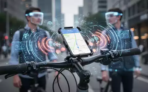 Ein E-Bike-Lenker mit Smartphone-Navigation und holografischen V2X-Kommunikationssignalen. Im Hintergrund eine Person mit Smart Glasses. - Foto: über boerse-global.de