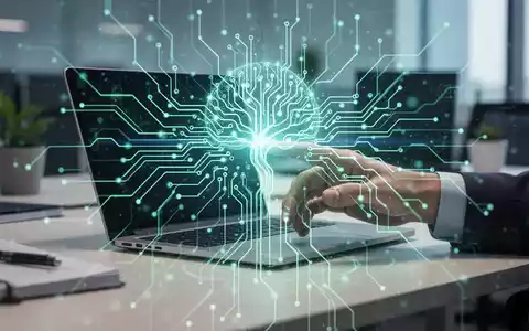Glühendes neuronales Netzwerk über modernem Schreibtisch mit Laptop und Hand auf digitaler Schnittstelle, Symbol für KI-Arbeitsplatzautomatisierung. - Foto: über boerse-global.de