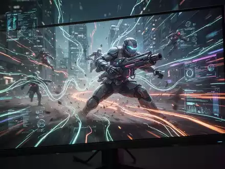 Nahaufnahme eines leistungsstarken Gaming-Monitors mit rasanter Actionszene, betont Bewegungsschärfe und leuchtende Farben. - Foto: über boerse-global.de