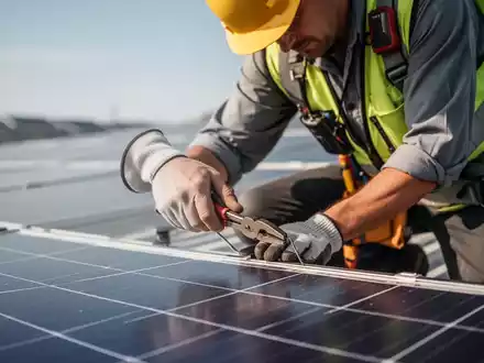 Nahaufnahme eines Handwerkers in Schutzkleidung, der Photovoltaikmodule auf einem Dach installiert, mit Fokus auf Hände und Werkzeuge. - Foto: über boerse-global.de