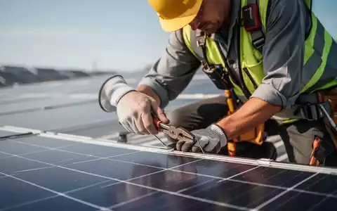Nahaufnahme eines Handwerkers in Schutzkleidung, der Photovoltaikmodule auf einem Dach installiert, mit Fokus auf Hände und Werkzeuge. - Foto: über boerse-global.de