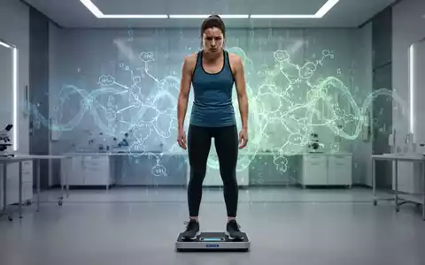 Eine frustrierte Person in Sportkleidung steht auf einer digitalen Waage, im Hintergrund abstrakte Darstellungen von Stoffwechselprozessen. - Foto: über boerse-global.de