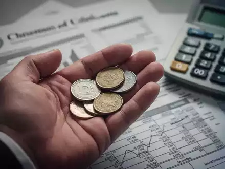 Nahaufnahme einer Hand, die Münzen hält, im Hintergrund unscharfe Finanzdokumente und ein Taschenrechner. - Foto: über boerse-global.de