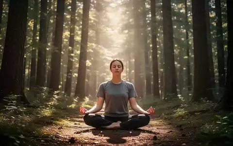 Eine Person meditiert ruhig in einem sonnigen Wald, umgeben von Bäumen und weichem Licht. Fokus auf Achtsamkeit und Natur. - Foto: über boerse-global.de