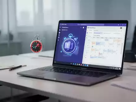 Laptop auf einem Schreibtisch mit Microsoft Teams, Stoppuhr-Symbol und Outlook-Kalender, symbolisiert Anrufverfolgung und Produktivität. - Foto: über boerse-global.de