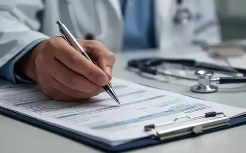 Nahaufnahme einer Hand, die einen Stift über ein medizinisches Formular hält, mit einem verschwommenen Stethoskop im Hintergrund. - Foto: über boerse-global.de