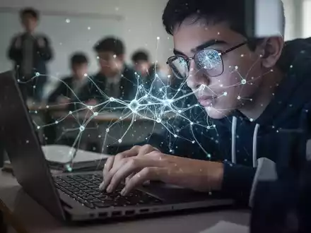 Schülerhand tippt auf Laptop, KI-Netzwerk-Overlay auf Bildschirm, spiegelt sich in Brille, im Klassenzimmer. - Foto: über boerse-global.de