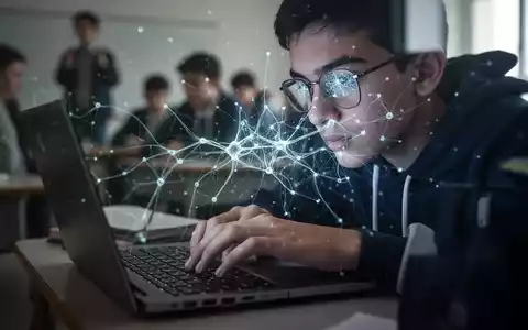 Schülerhand tippt auf Laptop, KI-Netzwerk-Overlay auf Bildschirm, spiegelt sich in Brille, im Klassenzimmer. - Foto: über boerse-global.de