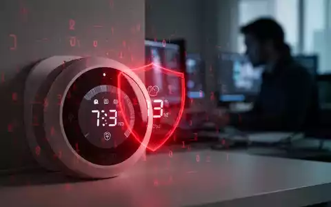 Smart-Home-Gerät leuchtet rot, symbolisiert Sicherheitsverletzung, Schattenfigur am Computer im Hintergrund. - Foto: über boerse-global.de