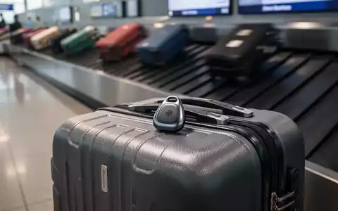 Ein moderner Bluetooth-Tracker liegt auf einem Koffer in einem Flughafen-Gepäckbandbereich, um die Gepäckverfolgung zu symbolisieren. - Foto: über boerse-global.de