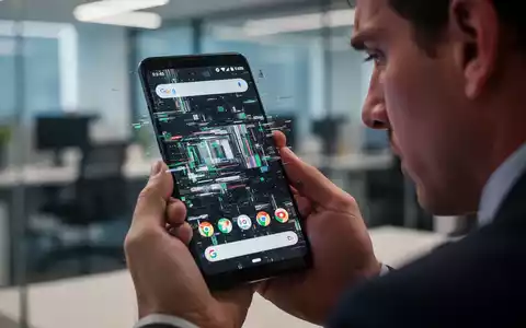 Eine Nahaufnahme eines Google Pixel Smartphones mit einem fehlerhaften Bildschirm, gehalten von einer gestressten Person in einem Büro. - Foto: über boerse-global.de