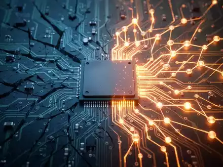 Stilisierte CPU-Platine, eine Seite dunkel und zerbrochen, die andere hell erleuchtet und verbunden. - Foto: über boerse-global.de