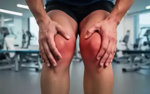 Nahaufnahme der Knie einer Person, die sich schmerzhaft an die Kniescheiben fasst, in einem verschwommenen Trainingsumfeld. - Foto: über boerse-global.de