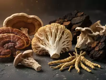 Nahaufnahme verschiedener getrockneter Vitalpilze wie Reishi, Igelstachelbart, Chaga und Cordyceps auf dunklem Hintergrund, beleuchtet von weichem, warmem Licht. - Foto: über boerse-global.de