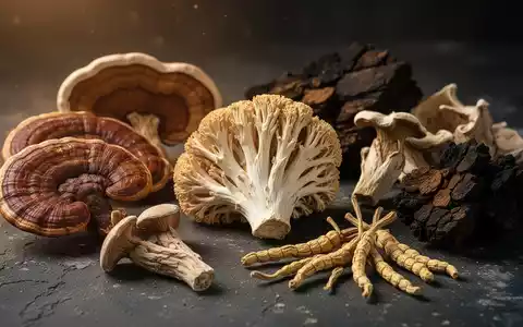 Nahaufnahme verschiedener getrockneter Vitalpilze wie Reishi, Igelstachelbart, Chaga und Cordyceps auf dunklem Hintergrund, beleuchtet von weichem, warmem Licht. - Foto: über boerse-global.de