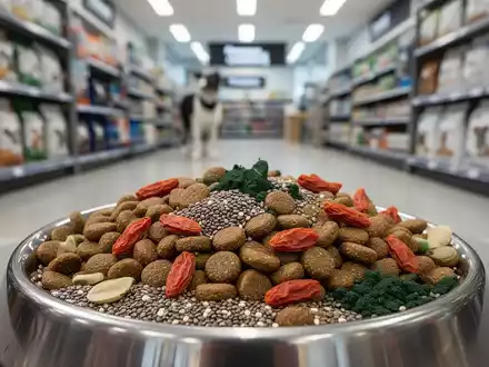 Ein Nahaufnahme einer Futterschale für Haustiere, gefüllt mit Trockenfutter und einigen Superfood-Zutaten, in einem unscharfen Ladenhintergrund. - Foto: über boerse-global.de