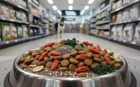 Ein Nahaufnahme einer Futterschale für Haustiere, gefüllt mit Trockenfutter und einigen Superfood-Zutaten, in einem unscharfen Ladenhintergrund. - Foto: über boerse-global.de