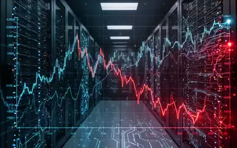 Finanzgrafiken über einem Rechenzentrum mit Volatilität und Abwärtstrends, die Bedenken zu KI-Infrastrukturausgaben symbolisieren. - Foto: über boerse-global.de