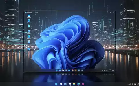 Futuristische Windows-11-Oberfläche mit leuchtenden abstrakten Elementen und digitalen Datenströmen, die Stadtlichter reflektieren. - Foto: über boerse-global.de