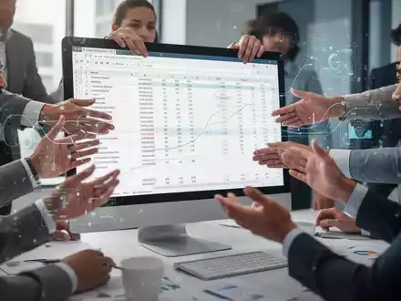 Verschiedene Fachleute arbeiten gemeinsam an einer digitalen Tabelle, die Echtzeit-Teamarbeit und Datenfluss auf einem Computerbildschirm zeigt. - Foto: über boerse-global.de