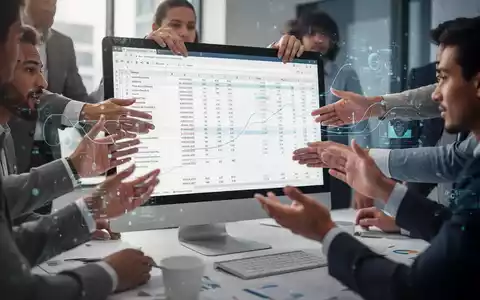 Verschiedene Fachleute arbeiten gemeinsam an einer digitalen Tabelle, die Echtzeit-Teamarbeit und Datenfluss auf einem Computerbildschirm zeigt. - Foto: über boerse-global.de