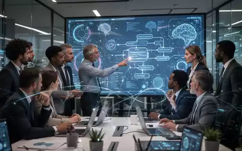 Ingenieure und Geschäftsleute arbeiten in einem modernen Büro zusammen, umgeben von einem großen digitalen Display mit KI-Datenvisualisierungen. - Foto: über boerse-global.de