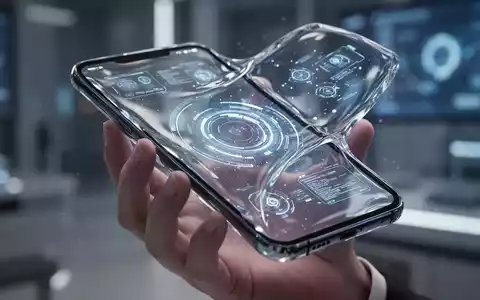 Schlankes, futuristisches Smartphone mit transparentem 'FlĂŒssigglas'-Display und Ă€therischen UI-Elementen. - Foto: ĂŒber boerse-global.de