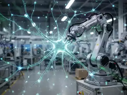 Eine stilisierte neuronale Netzwerkschicht über einer unscharfen Fabrikhalle mit Roboterarm, symbolisiert KI in der Industrie. - Foto: über boerse-global.de