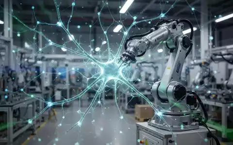 Eine stilisierte neuronale Netzwerkschicht über einer unscharfen Fabrikhalle mit Roboterarm, symbolisiert KI in der Industrie. - Foto: über boerse-global.de